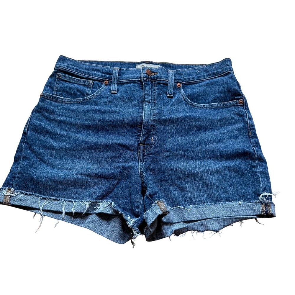 Madewell Size 29 Blue High-Rise Denim Jean Shorts with Cuffed Raw Frayed Hem